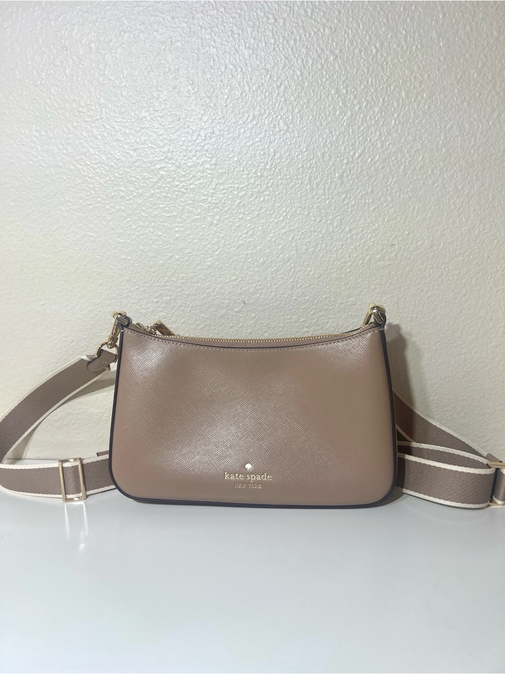 Kate Spade Taupe Pebbled Leather Crossbody with Striped Strap